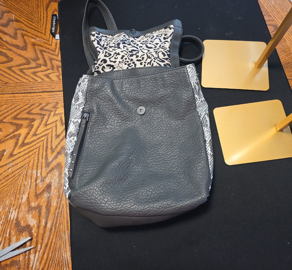 Jessica Simpson Black Faux Leather Backpack with Animal Print Accents